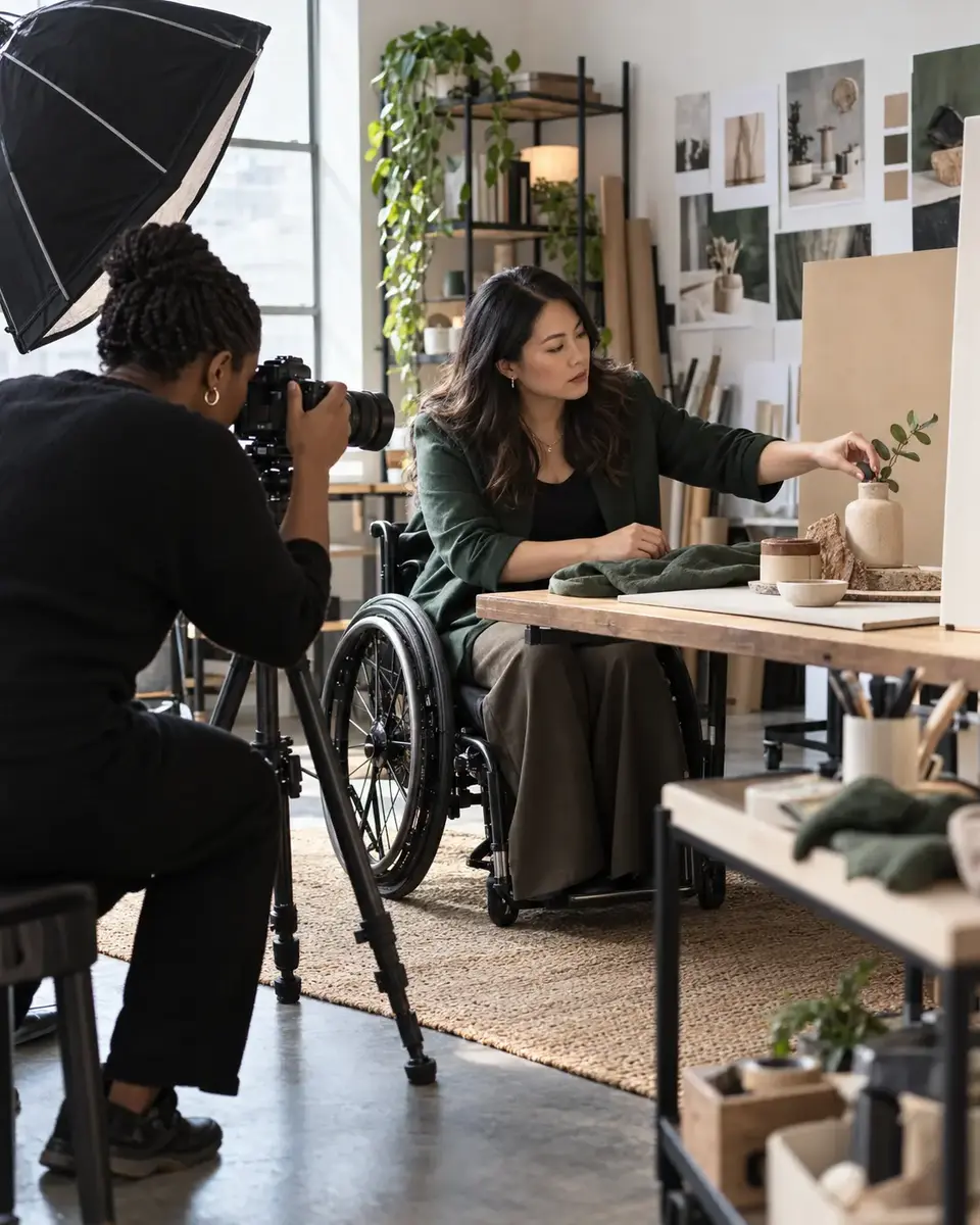 A founder using a wheelchair directing a product photography session in her studio